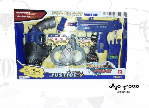 SET DE POLICIA JUSTICE ARMAS LUZ SONIDO + ACCESORIOS art.BL3404