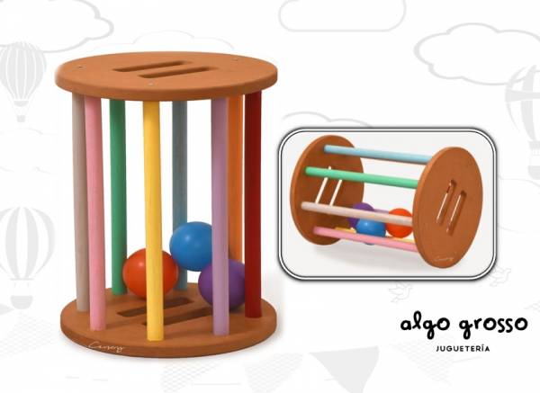 CILINDRO MADERA CON PELOTAS DE COLORES 40CM