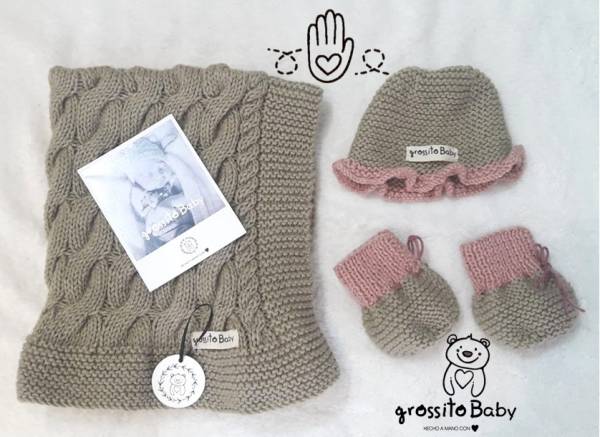 CONJUNTO TEJIDO MANTA CHICA, GORRO Y MANOPLAS GROSSITO BABY art.1003