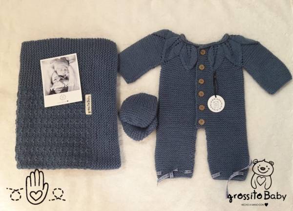 CONJUNTO TEJIDO MANTA GRANDE, ENTERITO Y MANOPLAS GROSSITO BABY art.1006