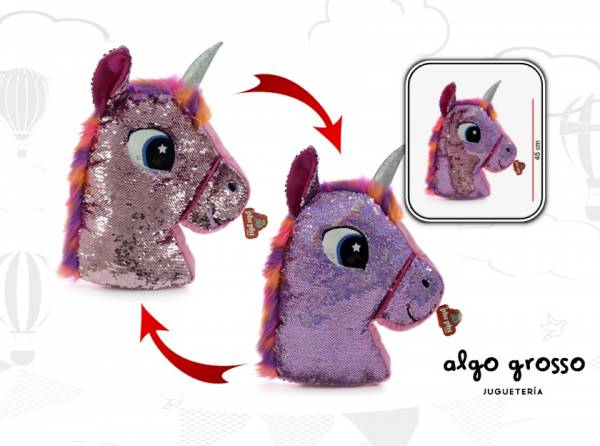 ALMOHADON CABEZA UNICORNIO CON LENTEJUELAS 45CM art.7954