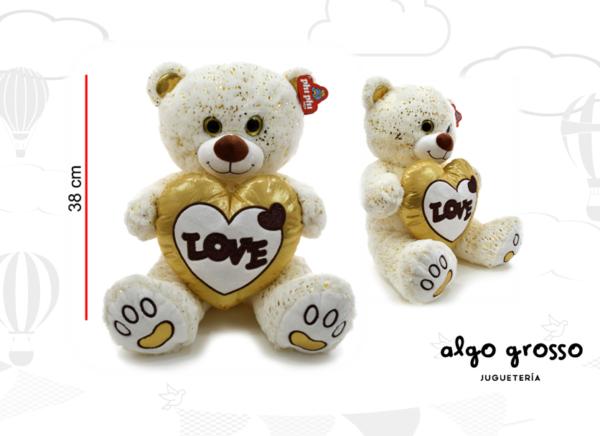 OSO SENTADO CON BRILLO Y CORAZON DORADO 38CM art.4453