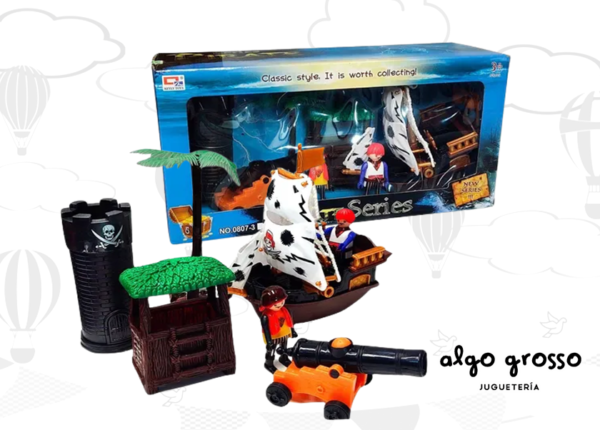 PIRATAS SET DE MUÑECOS CON BARCO SIMIL PLAYMOBIL EN CAJA art.FD110809-15