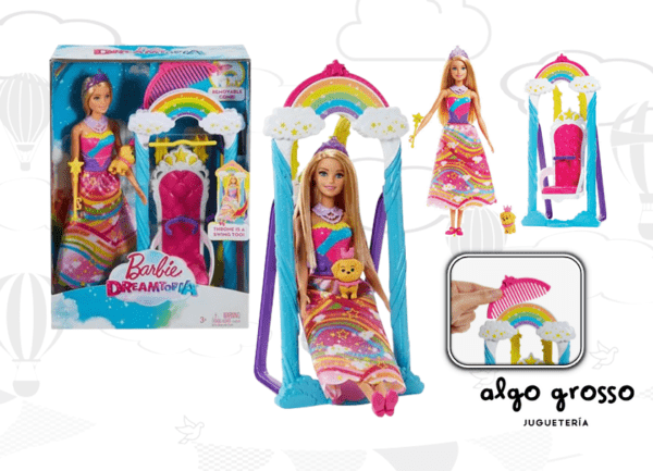 BARBIE PRINCESA + TRONO DE ARCO IRIS + MASCOTA DREAMTOPIA art.FJD06