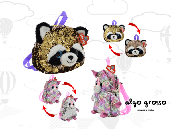 MOCHILA PELUCHE CON LENTEJUELAS OJOS GRANDES 29CM art.7984