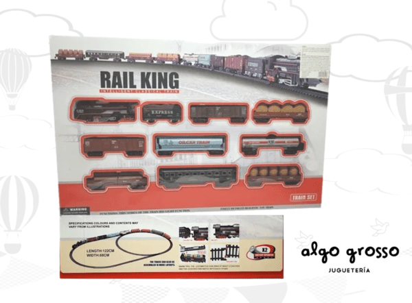 TREN PISTA RAIL KING CON 9 VAGONES - LOCOMOTORA CON LUZ.F8501