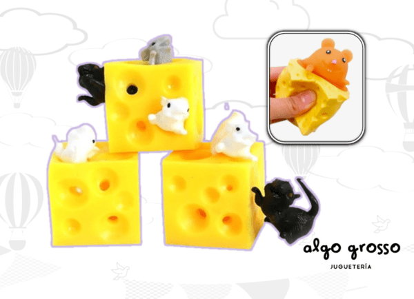 SQUISHY APRETABLE QUESITO + 2 RATONES 4CM art.27092/60114