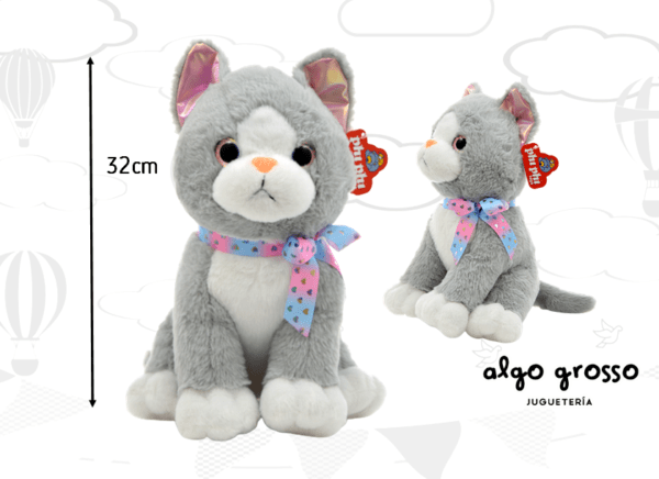GATO SENTADO 32CM PELUCHE CON MOÑO art.8089