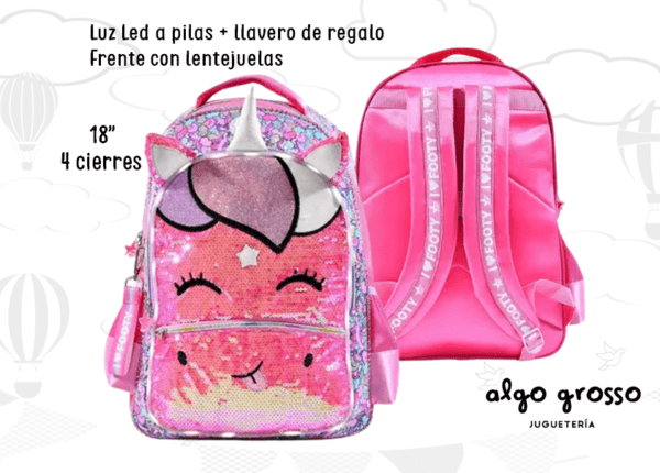 MOCHILA COLGANTE 18" FOOTY LED "UNICORNIO LENTEJUELA" art.F1933