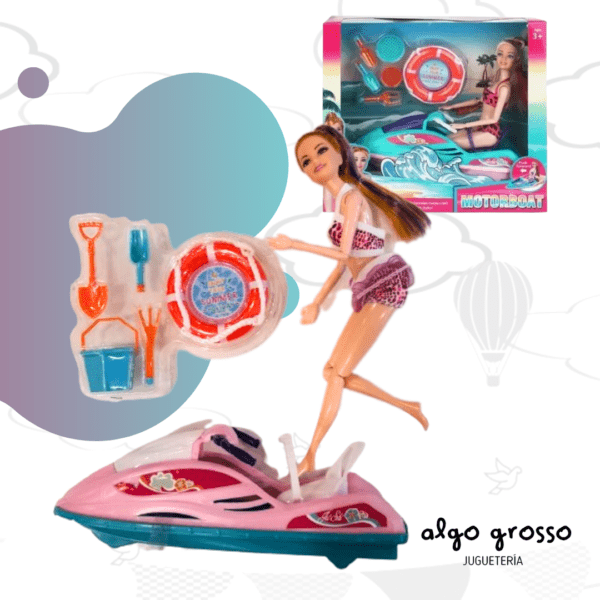 MUÑECA CON JET SKY + ACCESORIOS DE PLAYA "MOTORBOAT" art.JX300-80