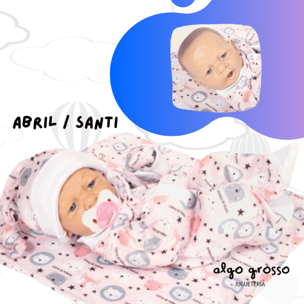 BEBE DE 30CM ABRIL/SANTI RECIEN NACIDO CON MANTA + CHUPETE CASITA DE MUÑECAS art.118