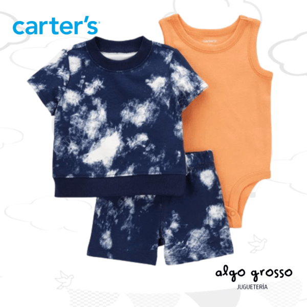 SET 3 PIEZAS BODY MUSCULOSA REMERA MANGAS CORTAS SHORT ACUARELA TALLE 18M art.1O964110