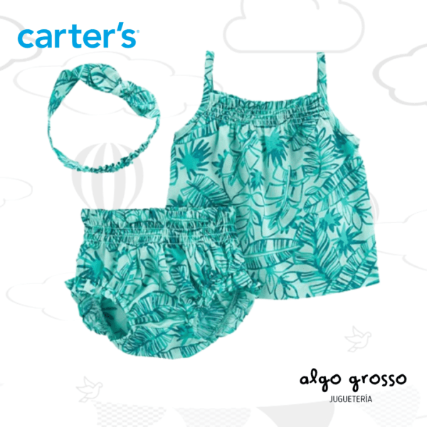 SET 3 PIEZAS REMERA MUSCULOSA SHORT VINCHA TROPICAL TALLE 12M art.1P319010