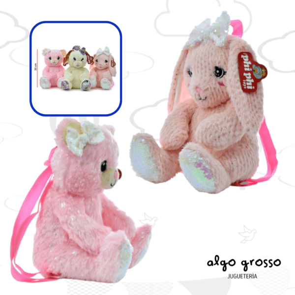 MOCHILA DE PELUCHE ANIMAL "CONEJA/GATA/PERRA" DE 30CM art.8158