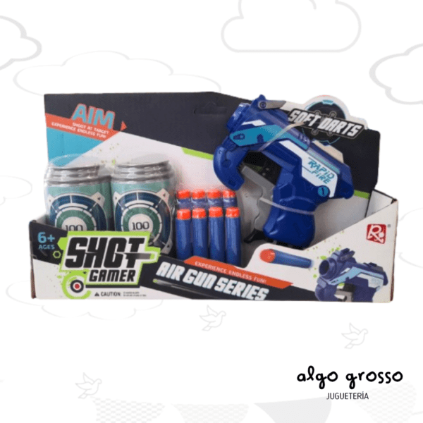 ARMA LANZA DARDOS SHOT GAMER AIM CON 8 DARDOS + 2 LATAS art.54481