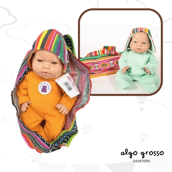 BEBE ANAHI / YACU DE 27CM CON GORRO Y PORTA BEBE  "CASITA DE MUÑECAS" art.127