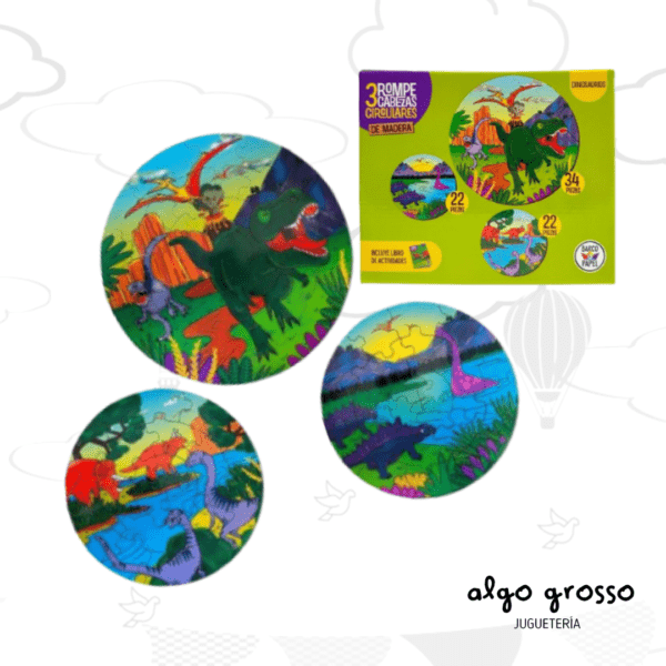 PUZZLE CIRCULAR DINOSAURIOS SELVA - 3 UNIDADES DE 34 y 22 PIEZAS art.558