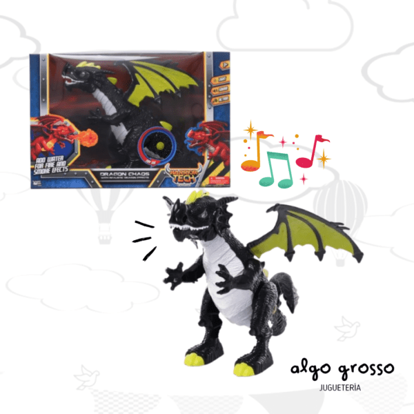 DRAGON DE 30CM NEGRO CON HUMO - LUZ - SONIDO Y MOVIMIENTOS WARRIOR TECH art.IK0429