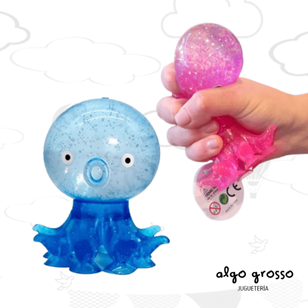 SQUISHY APRETABLE CON GLITTER Y SOPAPA - CALAMAR/PULPO  art.IK0573