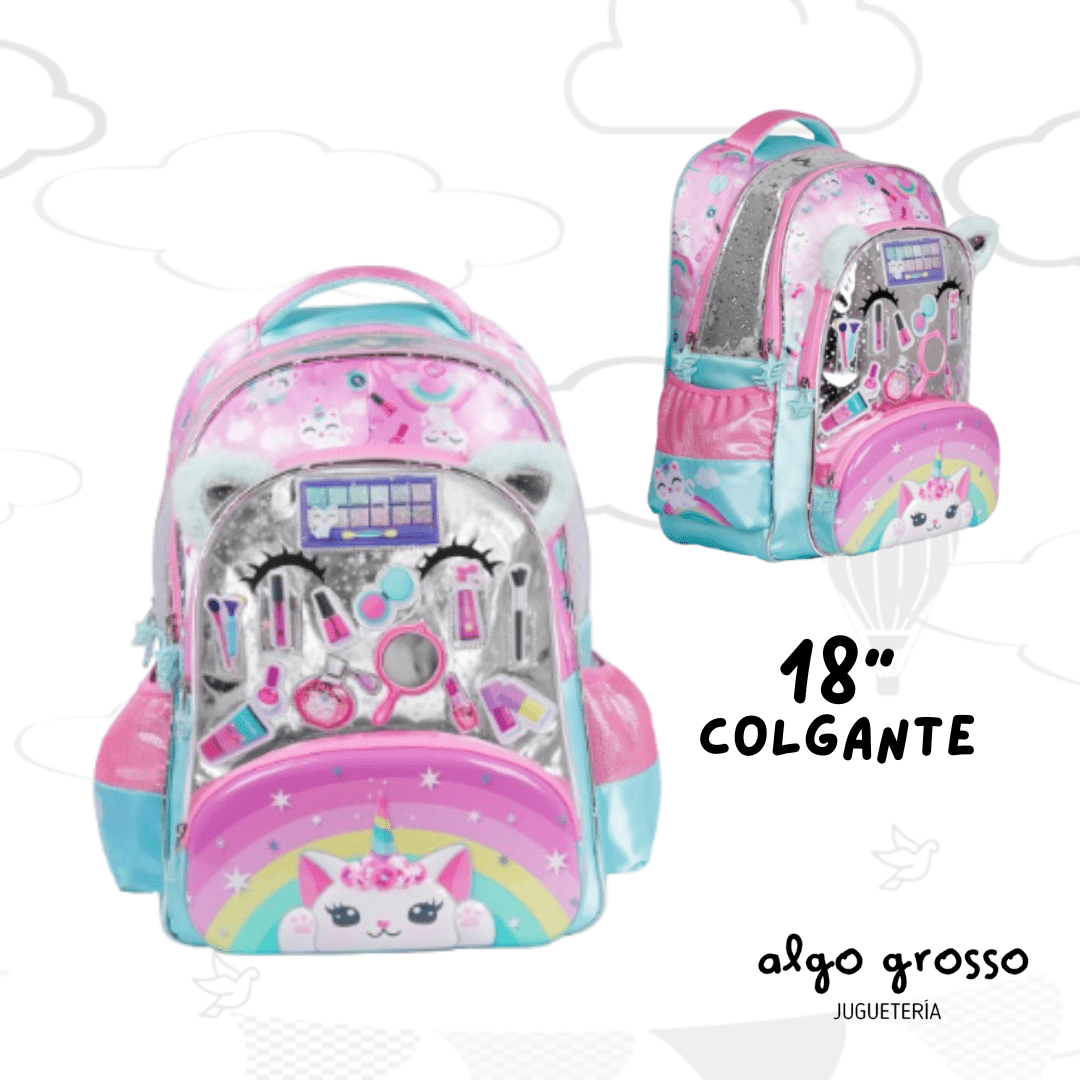 MOCHILA COLGANTE 18″ FOOTY LED “GATO UNICORNIO MAQUILLAJE” ROSA