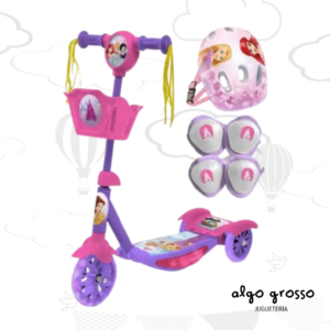 MONOPATIN 3 RUEDAS CON LUZ Y MUSICA  - PRINCESA + PROTECCION + CANASTO art.12236