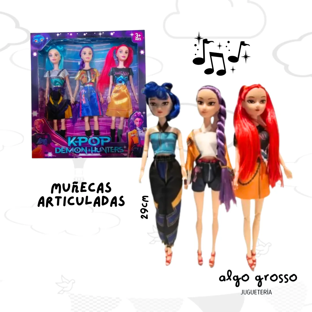 SET 3 MUÑECAS GUERRERAS KPOP DEMON HUNTERS – ARTICULADAS CON MUSICA art.909