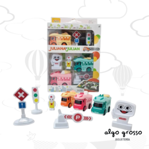 JULIANA Y JULIAN CITY CARS FOOD TRUCKS PLAY SET CON LAMINA art.SISJYJ029